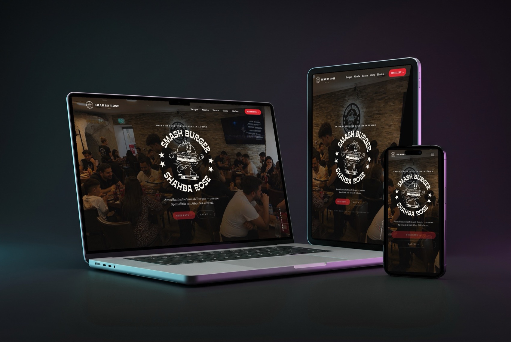 Website von Smash Burger Shahba Rose auf Laptop, Tablet und Smartphone