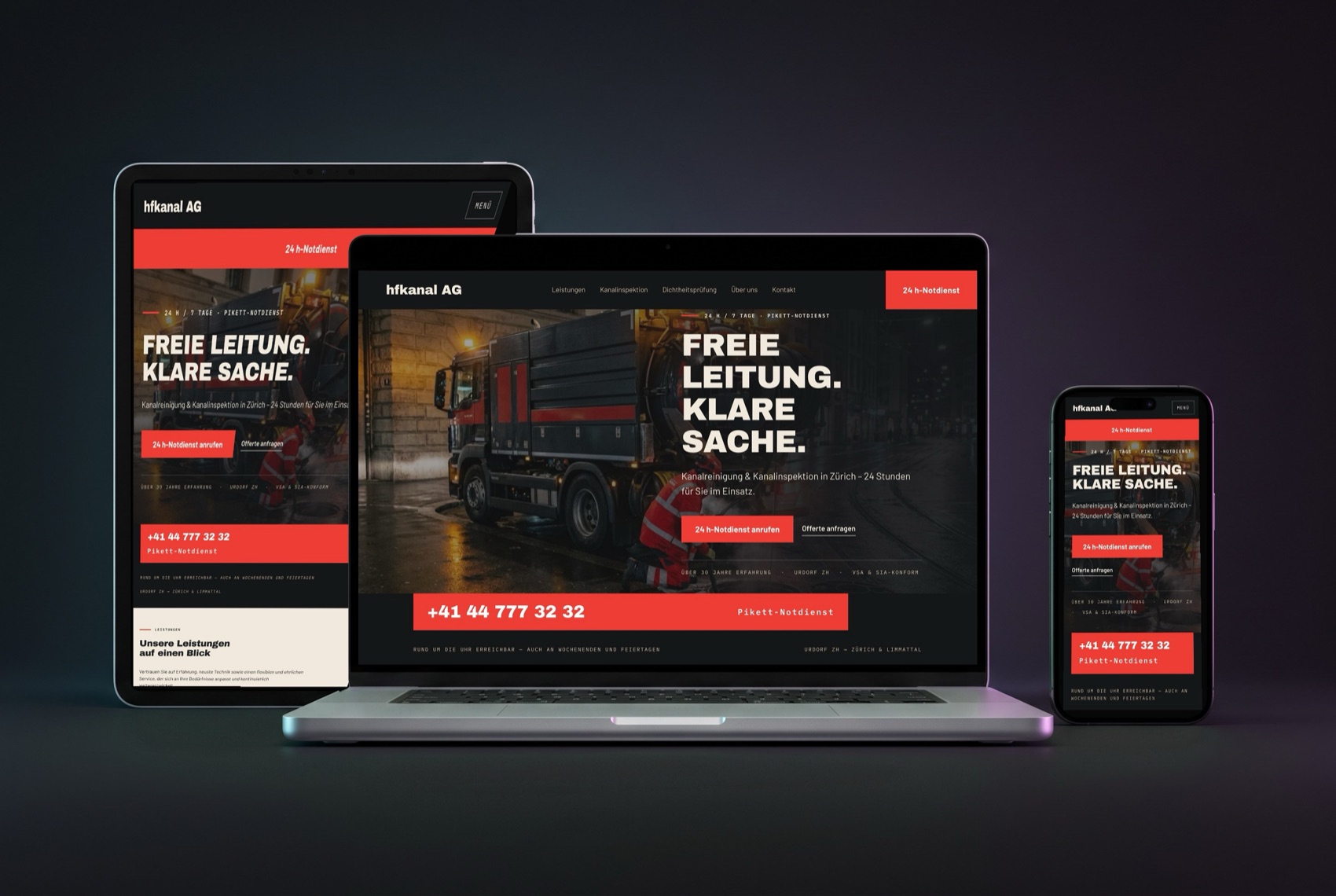 Website von hfkanal AG auf Laptop, Tablet und Smartphone