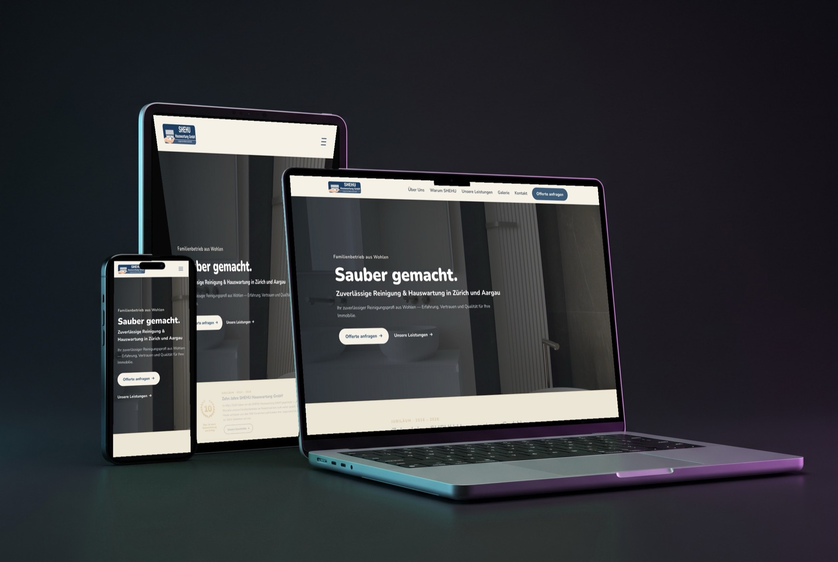 Website von SHEHU Hauswartung auf Laptop, Tablet und Smartphone